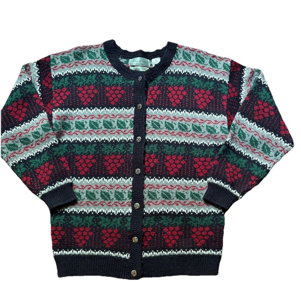 Vintage 90s Hand Knit Geometric Boxy Cardigan Sweater Sz S Hong Kong Granny Core
